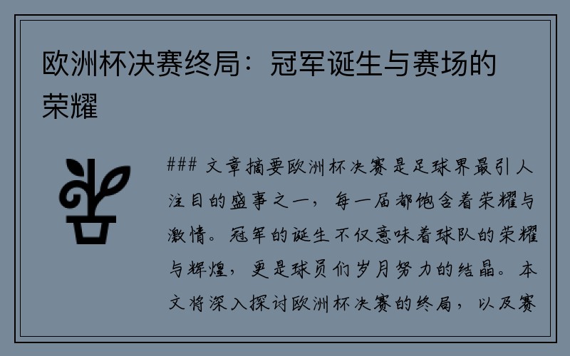 欧洲杯决赛终局：冠军诞生与赛场的荣耀