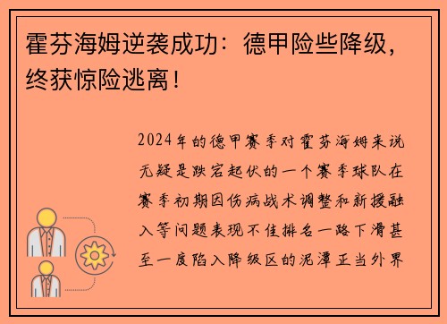 霍芬海姆逆袭成功：德甲险些降级，终获惊险逃离！